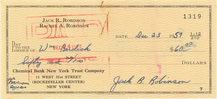 1959 Jackie Robinson Signed Chemical Bank New York Trust Company Check (Robinson LOA & Beckett)